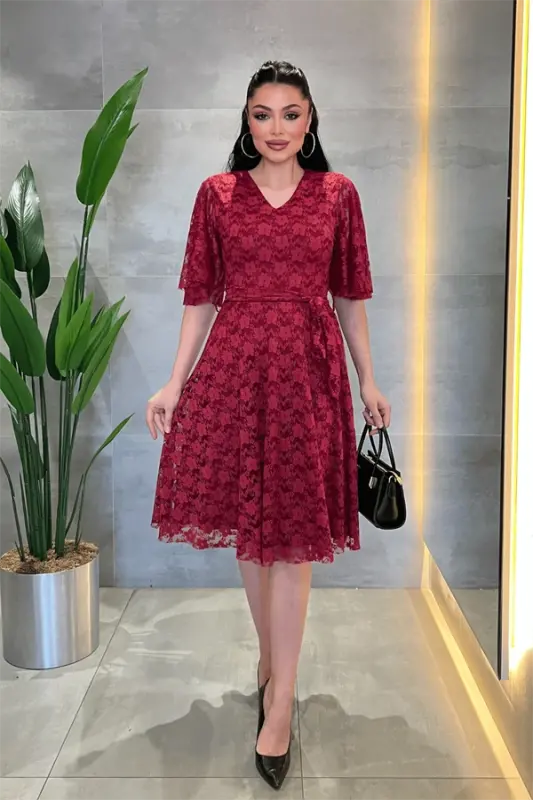 Lace Fabric V-Neck Midi Dress - BURGUNDY - BÜYÜKBEDENIZ