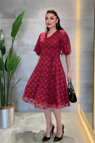 Lace Fabric V-Neck Midi Dress - BURGUNDY - BÜYÜKBEDENIZ (1)