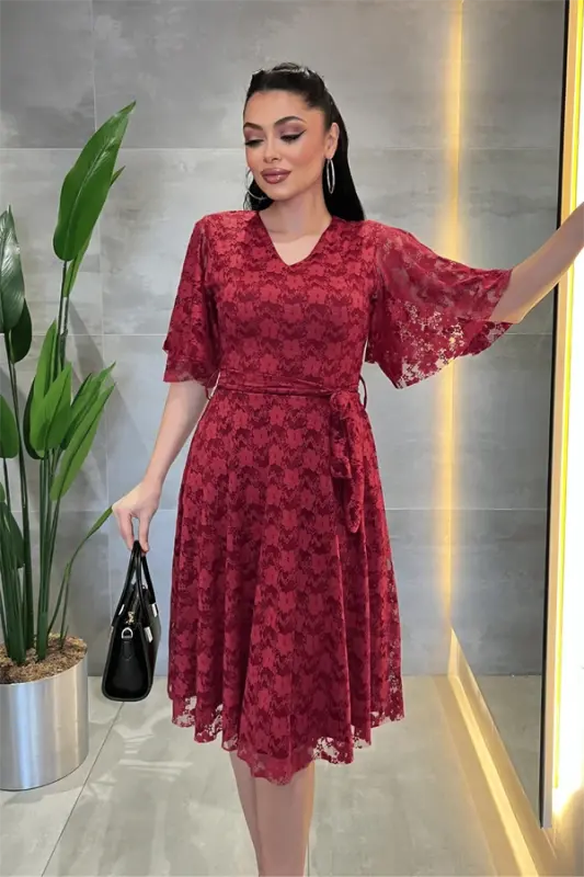 Lace Fabric V-Neck Midi Dress - BURGUNDY - 3