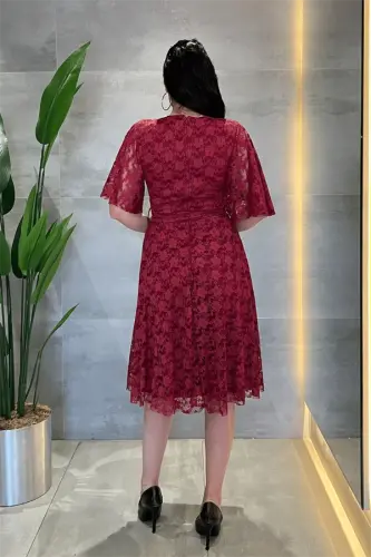 Lace Fabric V-Neck Midi Dress - BURGUNDY - 5