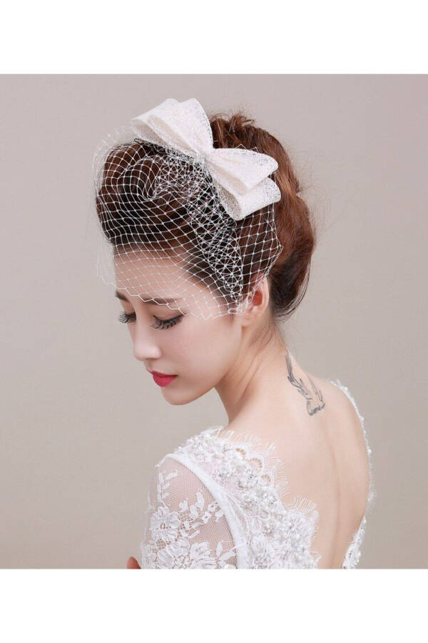 Lace Fabric Veil, Bridal Hat Wedding Cap Veil, Bridal Veil Bow Hat - 1