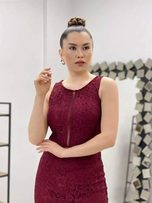 Lace Fabric Waist Detailed Dress - BORDEAUX - 4