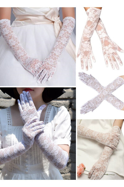 Lace Gloves Medium Size Bridal Gloves Party Elegant Gloves Wedding Dress Accessory Women Flower Lace - 1