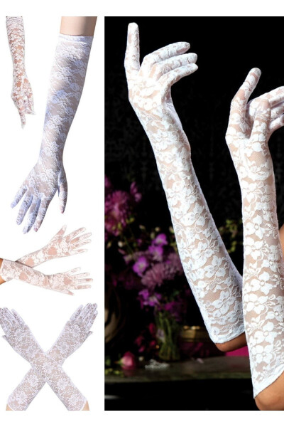 Lace Gloves Medium Size Bridal Gloves Party Elegant Gloves Wedding Dress Accessory Women Flower Lace - 2