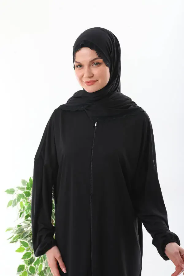 Lace headscarf, zippered wrists, non-slip prayer dress with elastic cuffs. - 1