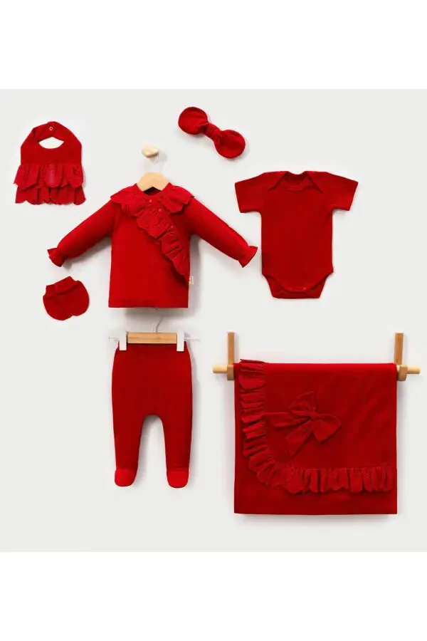 Lace Knitted Baby Girl Newborn 7 Pieces Blanket Hospital Discharge Bodysuit Set - 3