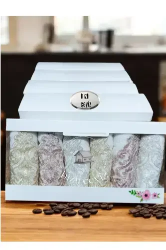 Lace Satin Embroidered Pattern Boxed Luxury Dowry 50x90 6-Piece Hand Face Towel Set-1 - 1