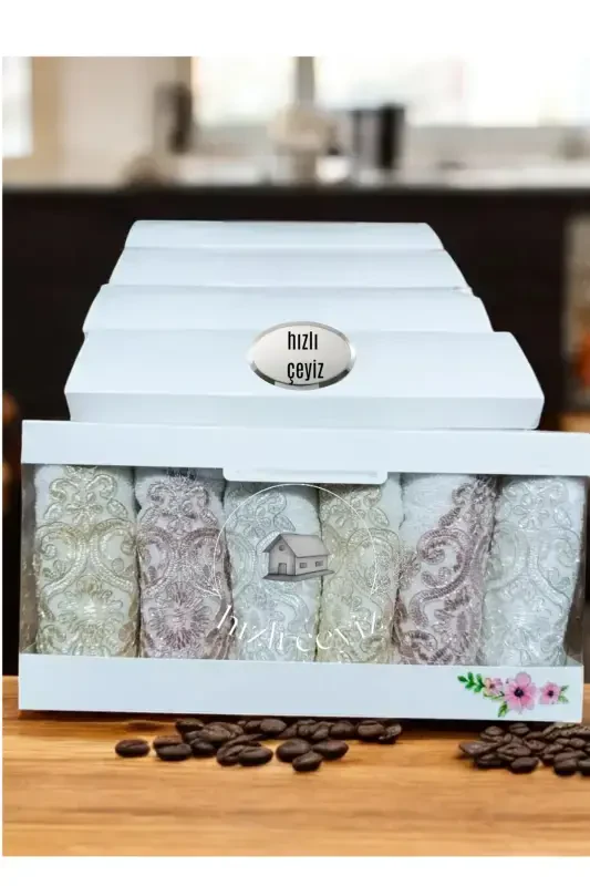 Lace Satin Embroidered Pattern Boxed Luxury Dowry 50x90 6-Piece Hand Face Towel Set-1 - Modazone