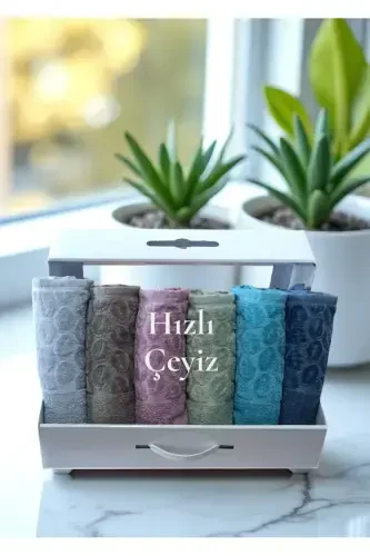 Lace Satin Embroidered Pattern Boxed Luxury Dowry 50x90 6-Piece Hand Face Towel Set-1 - 5