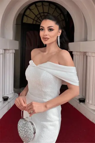 Lace Sequin Fabric Off-Shoulder Pencil Dress - WHITE - 3