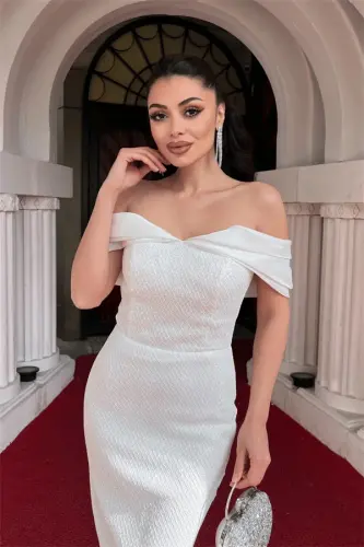 Lace Sequin Fabric Off-Shoulder Pencil Dress - WHITE - 4