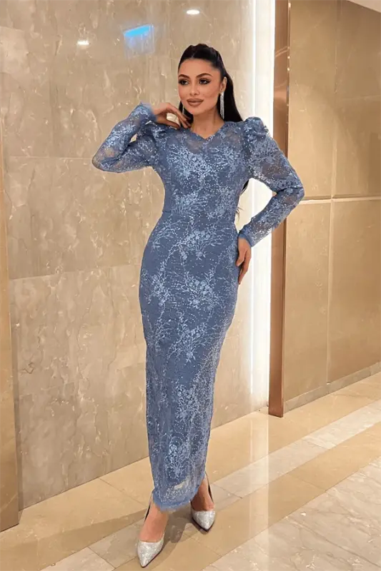 Lace Sequined Fabric Back Detail Pencil Dress - INDIGO BLUE - BÜYÜKBEDENIZ