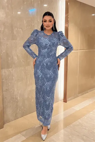 Lace Sequined Fabric Back Detail Pencil Dress - INDIGO BLUE - BÜYÜKBEDENIZ (1)