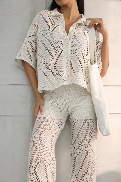 Lace Shawl Pattern Shirt Dress Set - Modazone