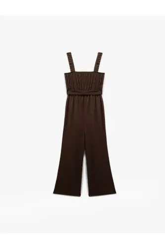 Lace Square Neck Sleeveless Belted Wide Leg Jumpsuit Crinkle-Coffee - 4