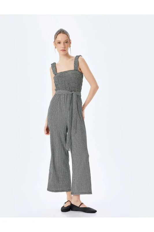 Lace Square Neck Wide Leg Belted Sleeveless Jumpsuit Crinkle - KOTON