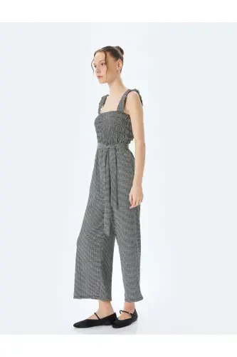 Lace Square Neck Wide Leg Belted Sleeveless Jumpsuit Crinkle - KOTON (1)