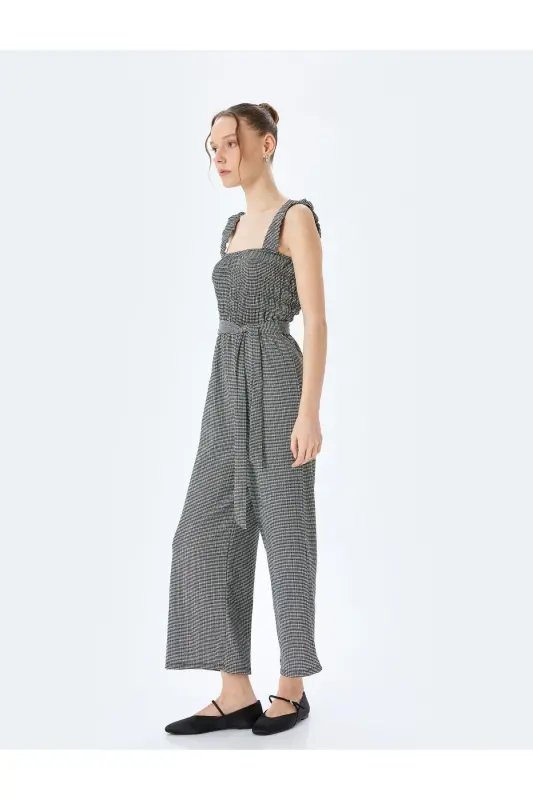 Lace Square Neck Wide Leg Belted Sleeveless Jumpsuit Crinkle - 2