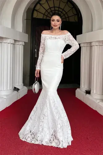 Lace Top Double Fabric Boat Neck Evening Dress - WHITE - 1