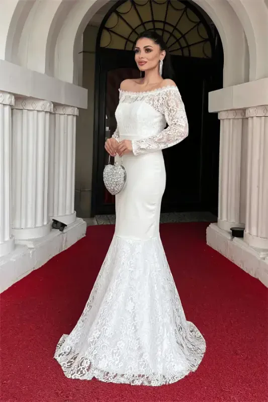 Lace Top Double Fabric Boat Neck Evening Dress - WHITE - 2