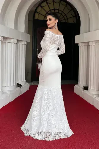 Lace Top Double Fabric Boat Neck Evening Dress - WHITE - 5