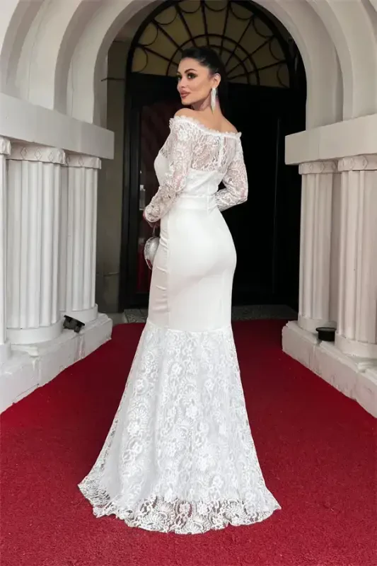 Lace Top Double Fabric Boat Neck Evening Dress - WHITE - 5