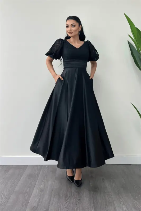 Lace Top Satin Bottom Detailed Midi Dress - BLACK - 6
