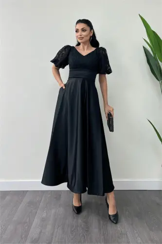 Lace Top Satin Bottom Detailed Midi Dress - BLACK - 7
