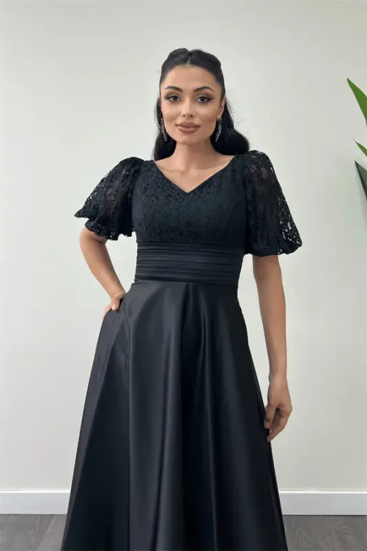 Lace Top Satin Bottom Detailed Midi Dress - BLACK - 8