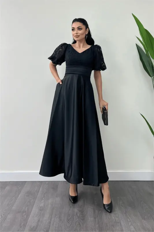 Lace Top Satin Bottom Detailed Midi Dress - BLACK - 2