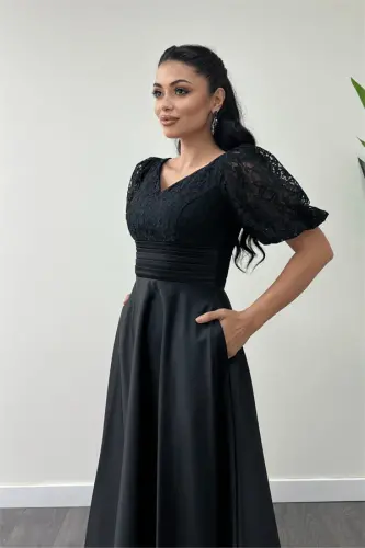 Lace Top Satin Bottom Detailed Midi Dress - BLACK - 4