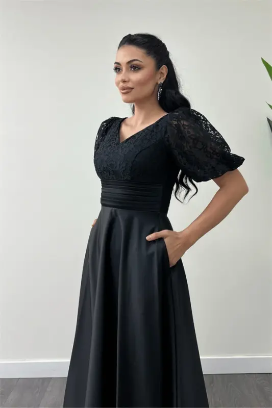 Lace Top Satin Bottom Detailed Midi Dress - BLACK - 4
