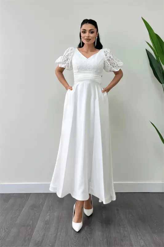 Lace Top Satin Bottom Detailed Midi Dress - WHITE - 1