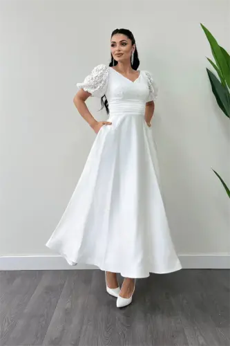 Lace Top Satin Bottom Detailed Midi Dress - WHITE - BÜYÜKBEDENIZ (1)