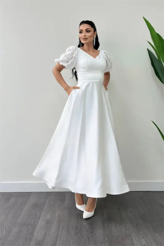 Lace Top Satin Bottom Detailed Midi Dress - WHITE - 2