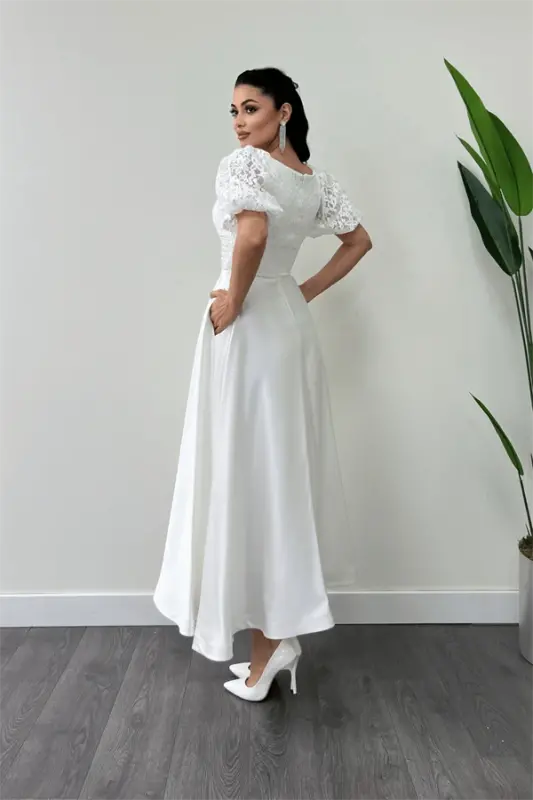 Lace Top Satin Bottom Detailed Midi Dress - WHITE - 5