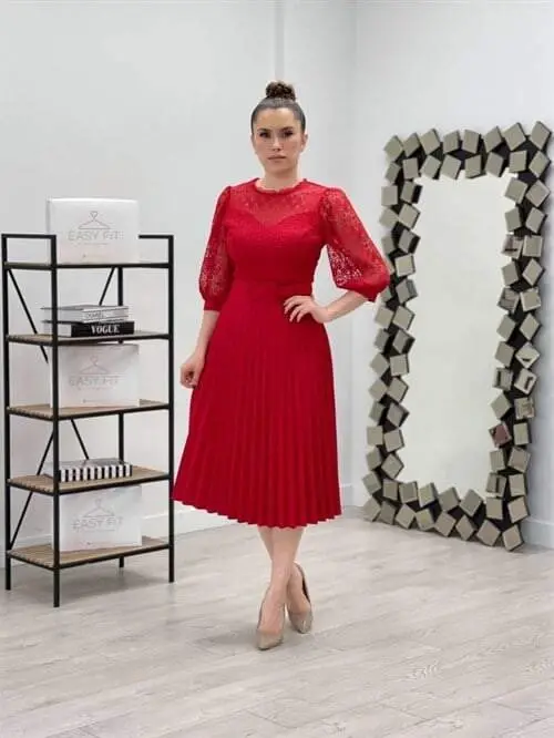 Lace Top Satin Pleated Dress - RED - BÜYÜKBEDENIZ