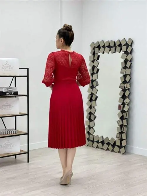 Lace Top Satin Pleated Dress - RED - 5