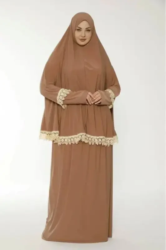 Lace Trim Hajj Umrah and Prayer Outfit-light brown - GENEL MARKALAR