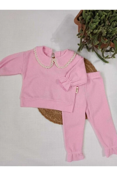 Lace-trimmed baby bib with elasticated sleeves, candy pink baby girl set - NECIX'S