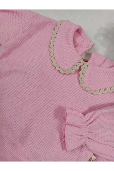 Lace-trimmed baby bib with elasticated sleeves, candy pink baby girl set - NECIX'S (1)