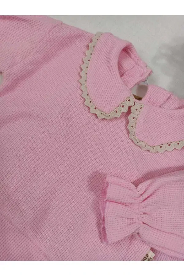 Lace-trimmed baby bib with elasticated sleeves, candy pink baby girl set - 2