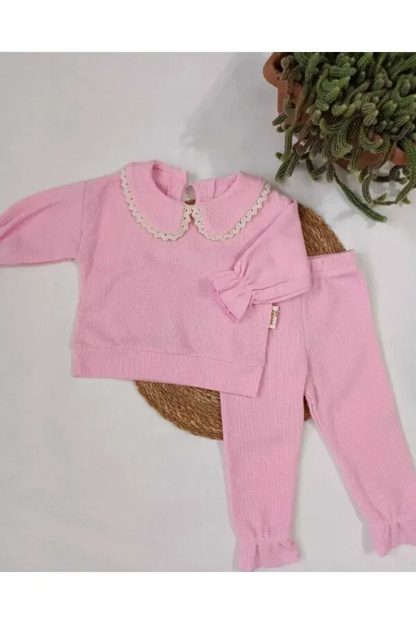 Lace-trimmed baby bib with elasticated sleeves, candy pink baby girl set - 3