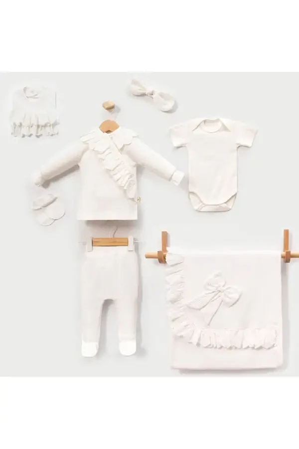 Lace Trimmed Baby Girl Newborn 7 Pieces Blanket Hospital Discharge Bodysuit Set - 1