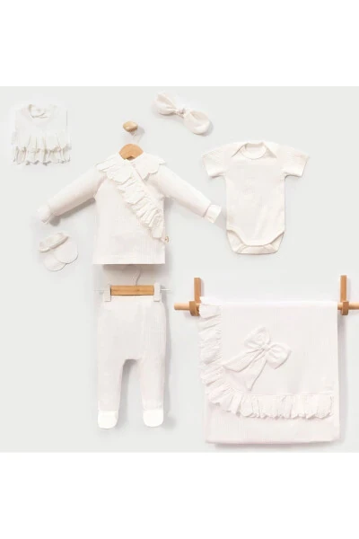 Lace Trimmed Baby Girl Newborn 7 Pieces Blanket Hospital Discharge Bodysuit Set - Modazone (1)