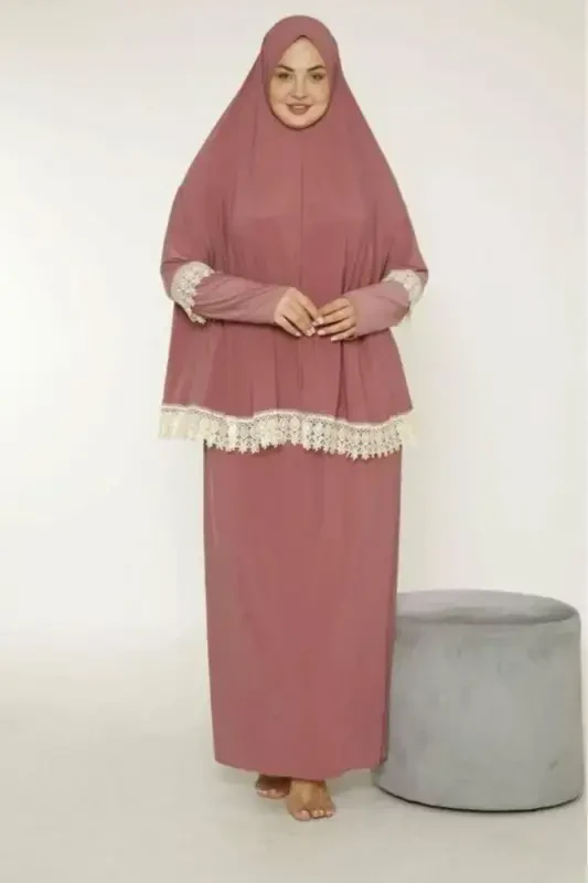 Lace Trimmed Hajj, Umrah and Prayer Outfit-Rose - 1