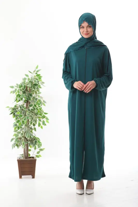 Lace-trimmed headscarf, zippered, elasticated cuffs, non-slip prayer dress - EMERALD - MEDIPEK