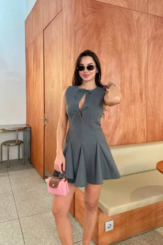 Lace-Up Detail Sleeveless Mini Dress - Anthracite - BÜYÜKBEDENIZ