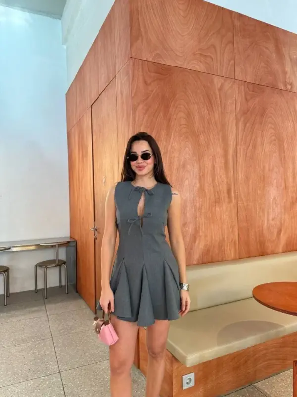 Lace-Up Detail Sleeveless Mini Dress - Anthracite - 2