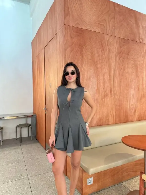 Lace-Up Detail Sleeveless Mini Dress - Anthracite - 3